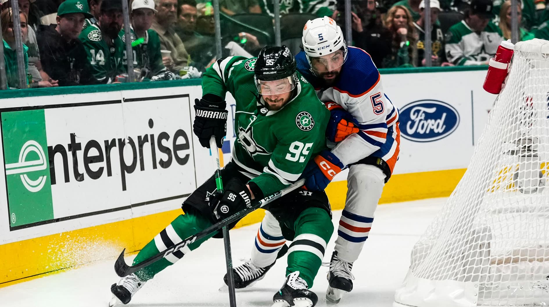 Dallas Stars center Matt Duchene (95) skates with the puck as Edmonton Oilers defenseman Cody Ceci (5) defends during the second period between the Dallas Stars and the Edmonton Oilers in game five of the Western Conference Final of the 2024 Stanley Cup Playoffs at American Airlines Center.