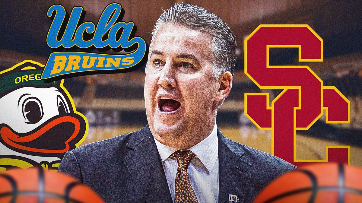 Matt Painter, Purdue basketball, Boilermakers, Matt Painter Purdue, Big Ten, Matt Painter with Washington, USC, UCLA and Oregon logos on graphic with Purdue basketball arena in the background