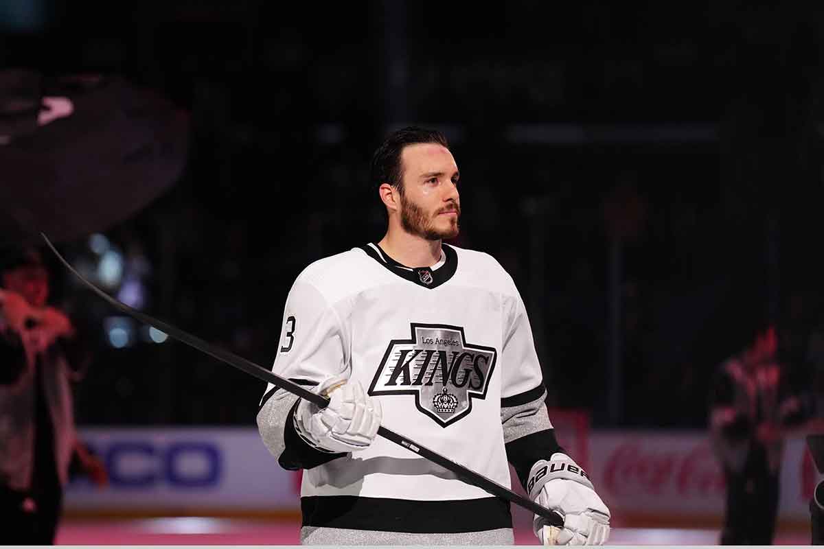 A Kings defenseman Matt Roy (3) is recognized as the first star of the night after the game against the Anaheim Ducks at Crypto.com Arena. 