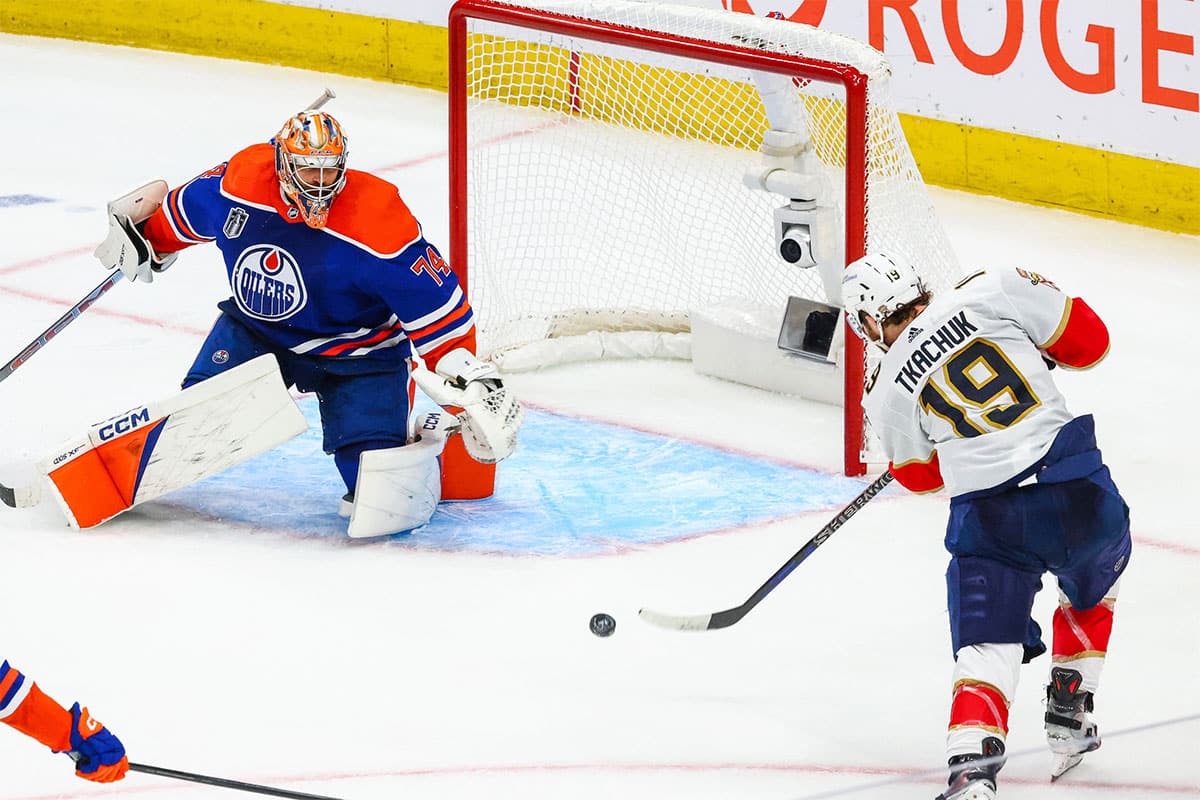 Edmonton Oilers goaltender Stuart Skinner (74) makes a save against Florida Panthers left wing Matthew Tkachuk (19) during the third period in game four of the 2024 Stanley Cup Final at Rogers Place.