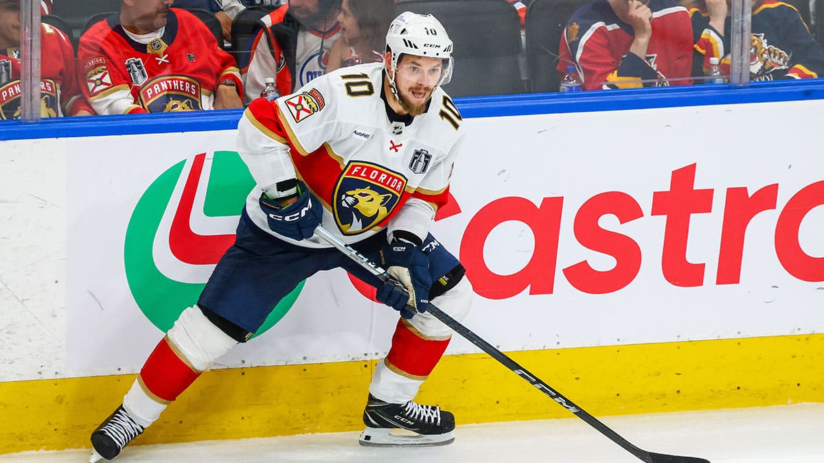 Florida Panthers right wing Vladimir Tarasenko (10) controls the puck against the Edmonton Oilers during the third period in game four of the 2024 Stanley Cup Final at Rogers Place.
