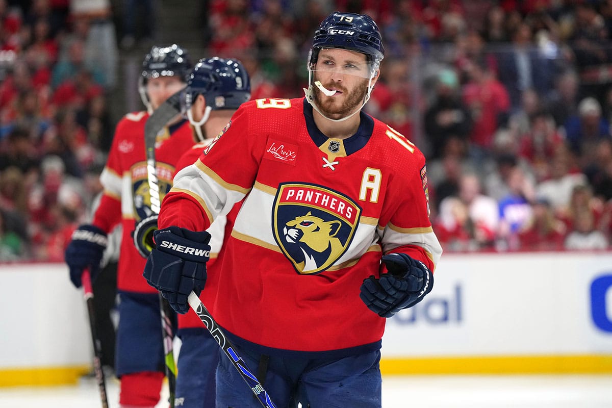 Florida Panthers left wing Matthew Tkachuk (19) takes to the ice against the New York Rangers before the start of game six of the Eastern Conference Final of the 2024 Stanley Cup Playoffs at Amerant Bank Arena.