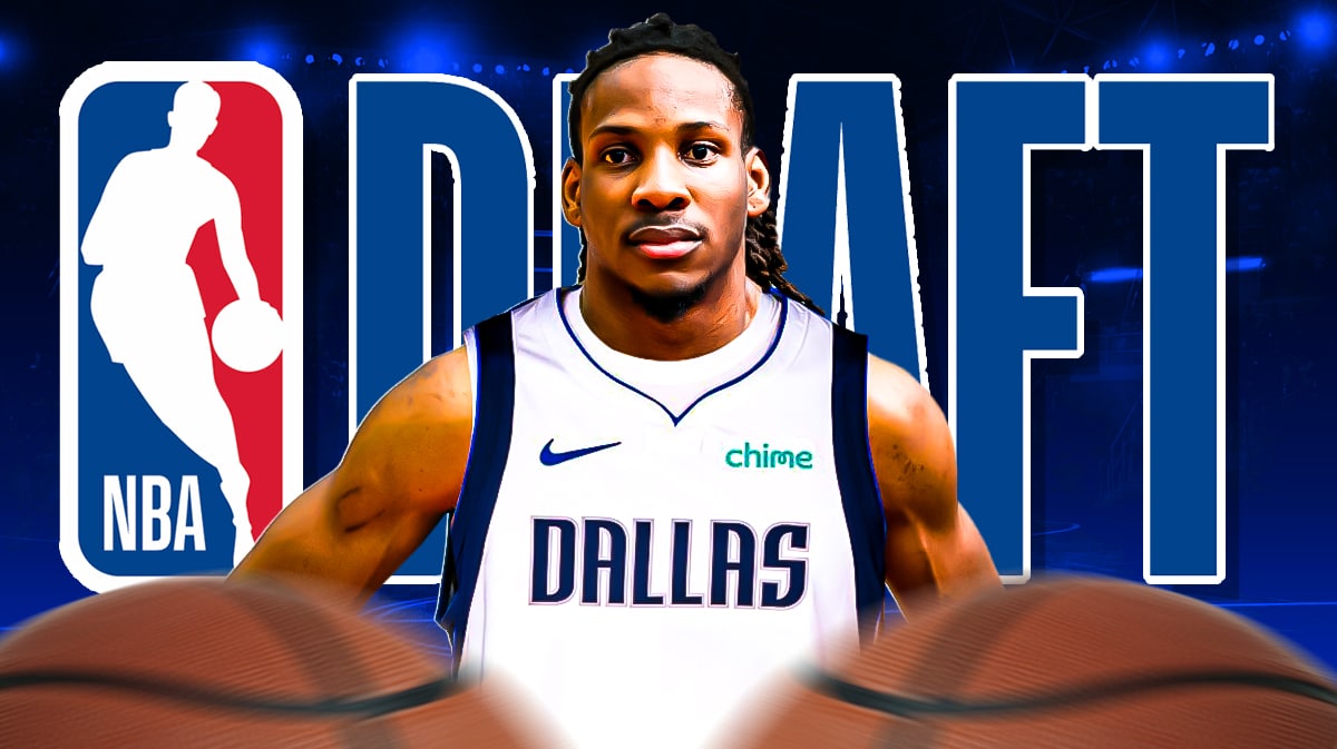 Melvin Ajinca in a Dallas Mavericks uniform. Place the 2024 NBA Draft logo in background.