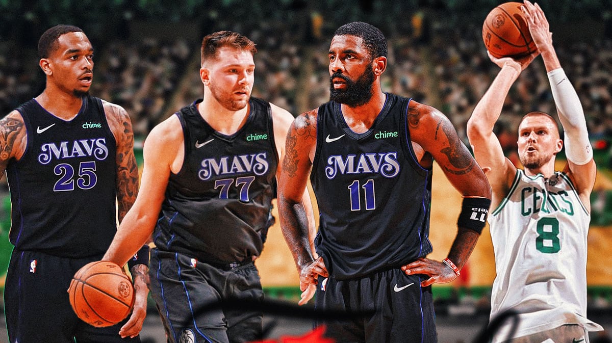 Mavericks' Kyrie Irving in front looking serious. In background, need Mavericks' Luka Doncic passing a basketball, Mavericks' PJ Washington looking serious, and Celtics' Kristaps Porzingis shooting a basketball.