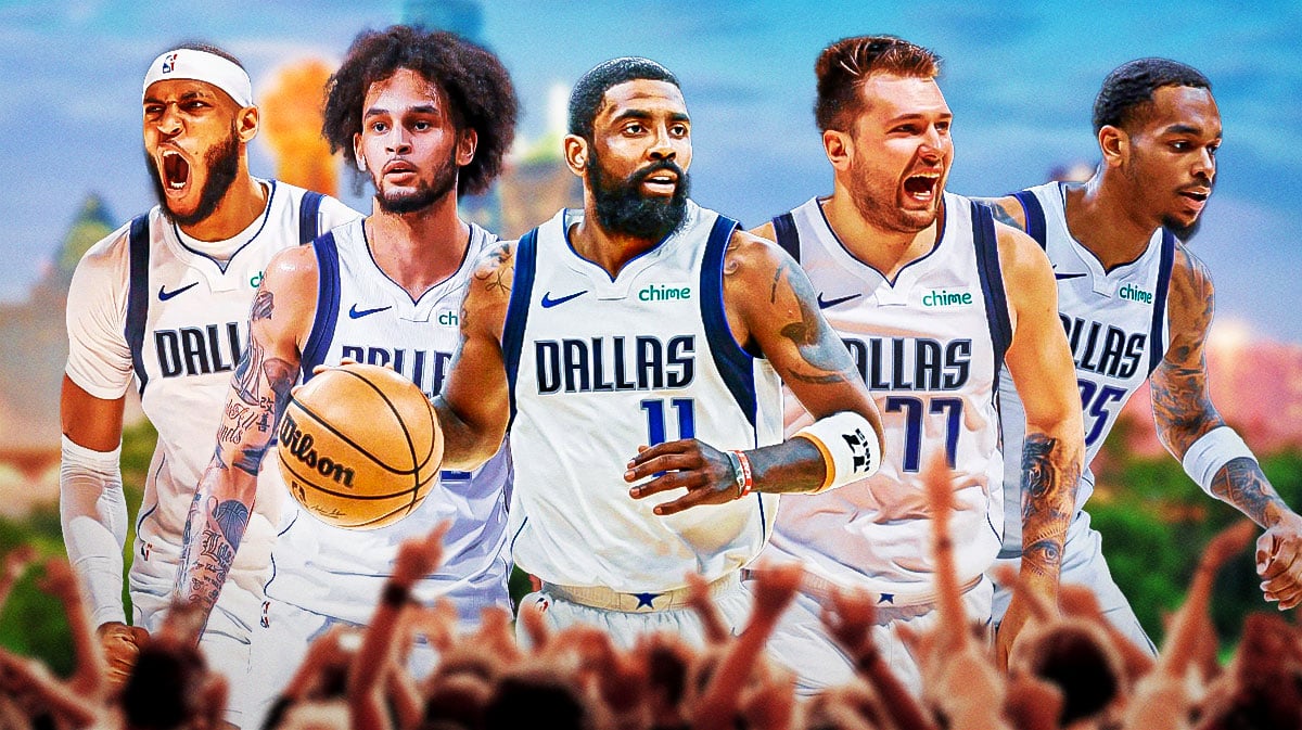 Photo: Luka Doncic, KYrie Irving in action in Mavericks jerseys, PJ Washington, Dereck Lively, Daniel Gafford in action behind them