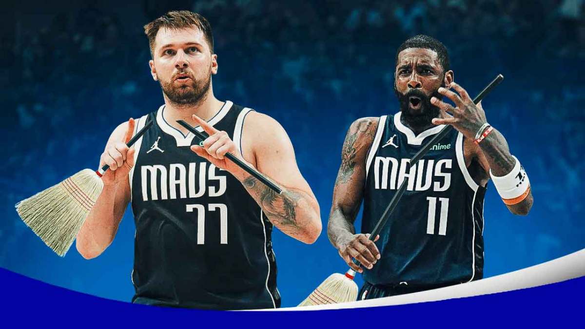 Mavericks' Luka Doncic and Kyrie Irving smiling while snapping two brooms in half, with Celtics' Jayson Tatum and Jaylen Brown looking sad