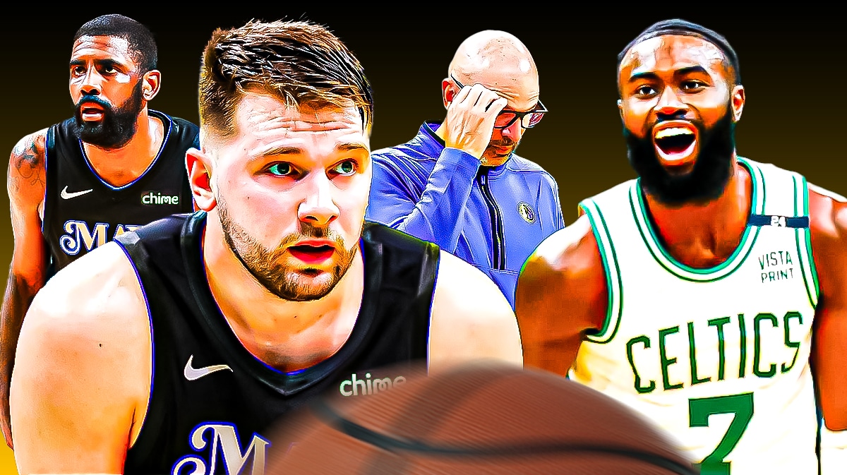 Mavericks' Luka Doncic, Kyrie Irving, and Jason Kidd all frustrated, with Celtics' Jaylen Brown smiling