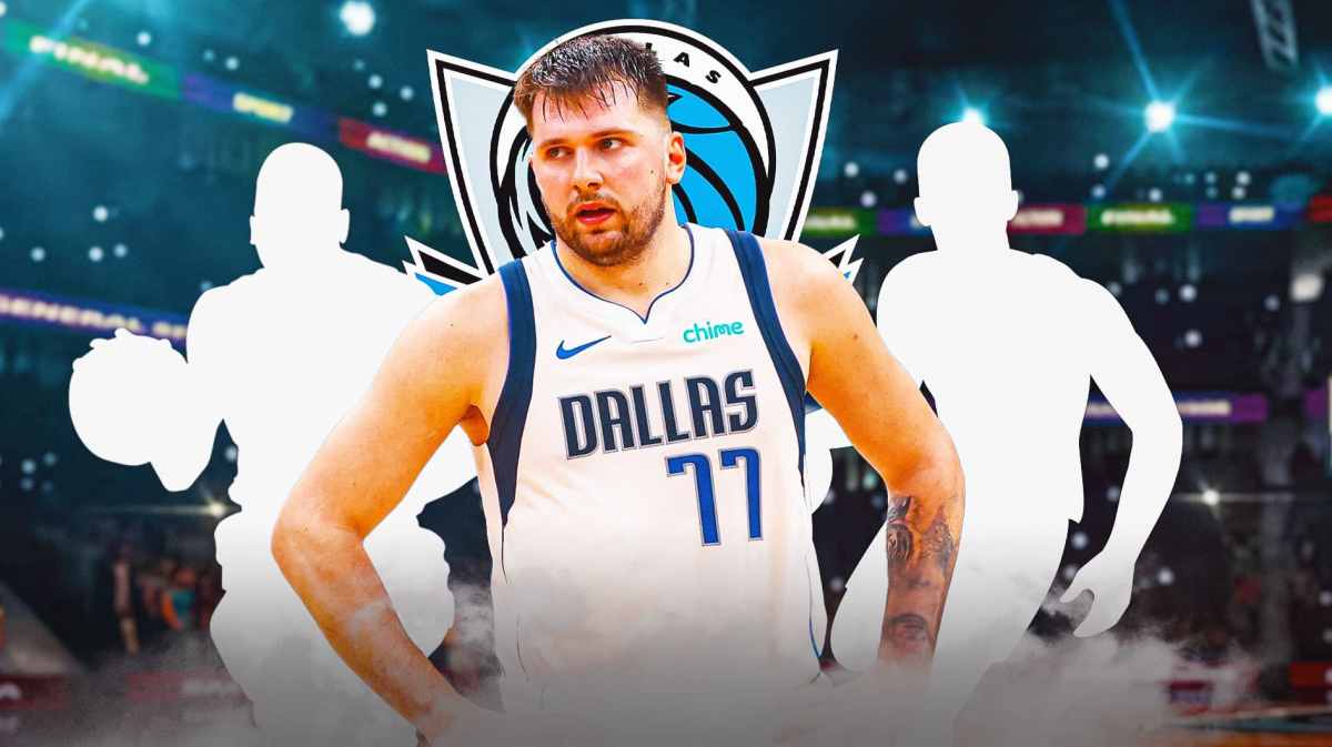 Mavericks' Luka Doncic looks at Celtics players, Kyrie Irving in background