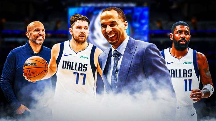 Mavericks GM Nico Harrison in front smiling. Place Mavericks' Luka Doncic and Mavericks' Kyrie Irving in background playing basketball. Place Mavericks' Jason Kidd somewhere in image smiling.