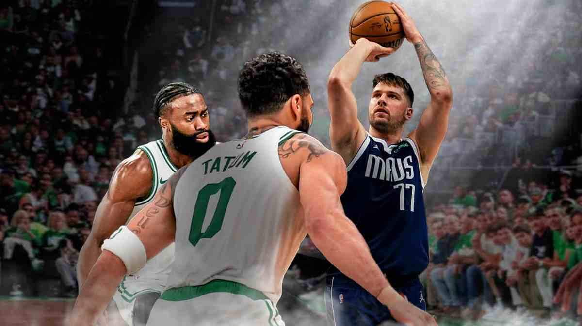 Mavericks' Luka Doncic shooting a basketball over Jayson Tatum, Jaylen Brown.