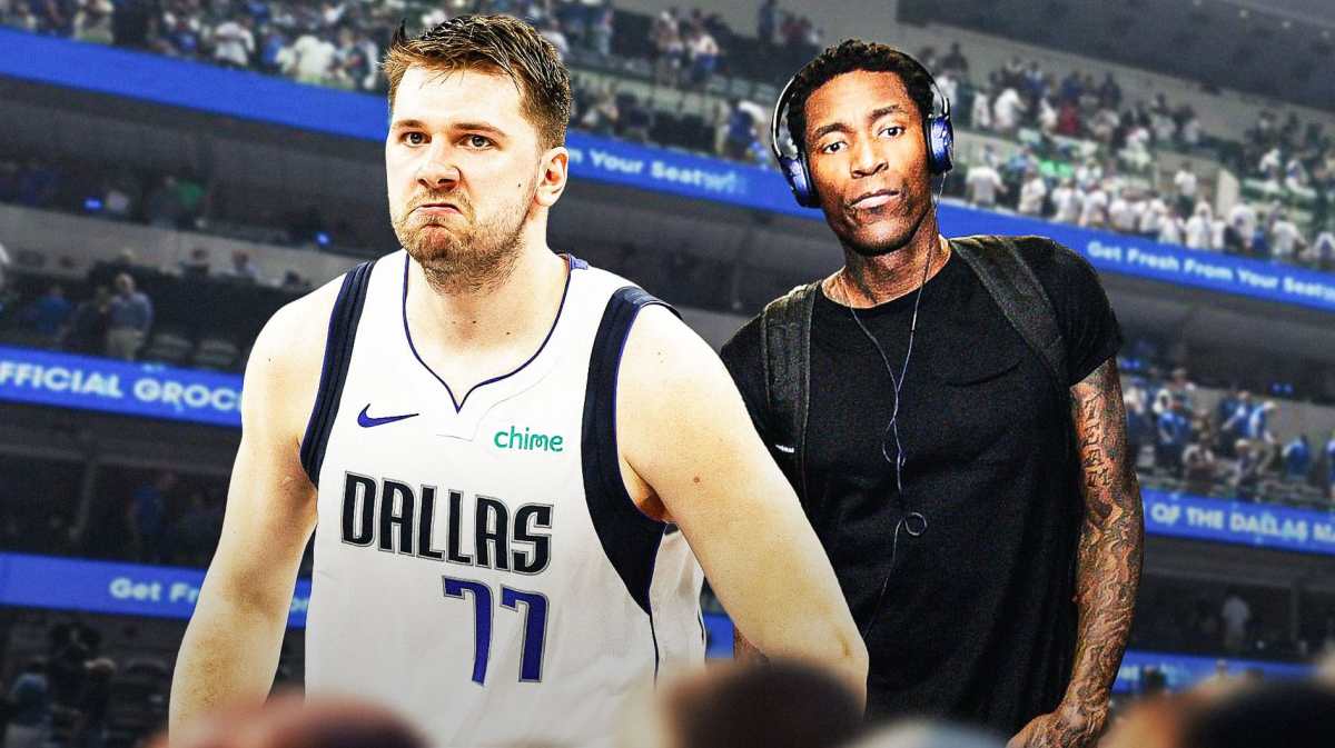 Luka Doncic alongside a recent picture of Jamal Crawford with the Mavericks arena in the background