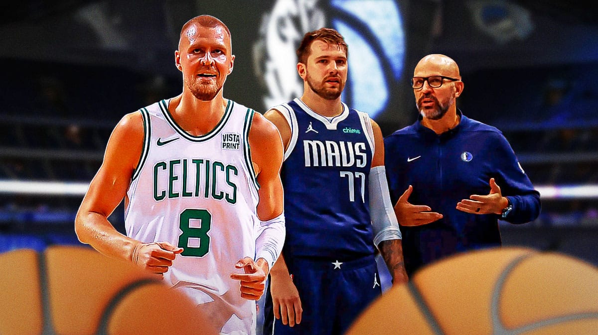 Kristaps Porzingis with Luka Doncic and Jason Kidd in background