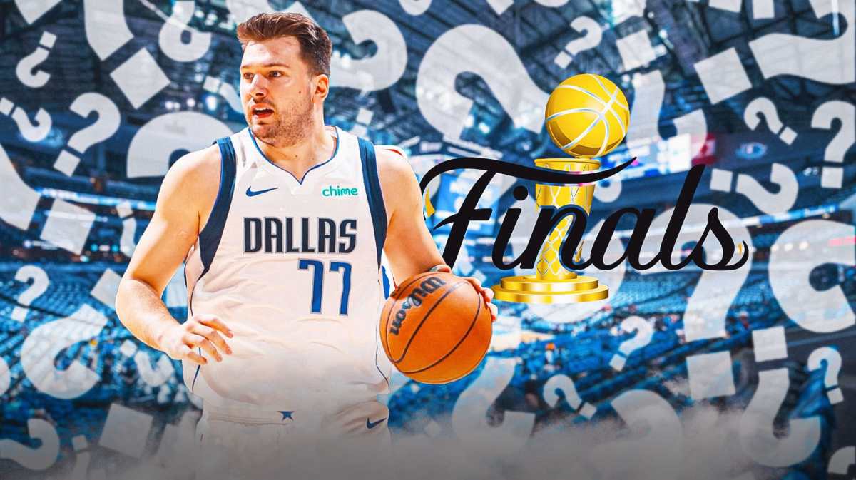 Mavericks' Luka Doncic on left. NBA Finals' 2024 logo on right. Question marks all over image.