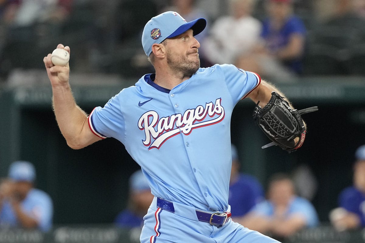 Texas Rangers starting pitcher Max Scherzer (31) delivers a pitch to the Kansas City Royals during the first inning at Globe Life Field.