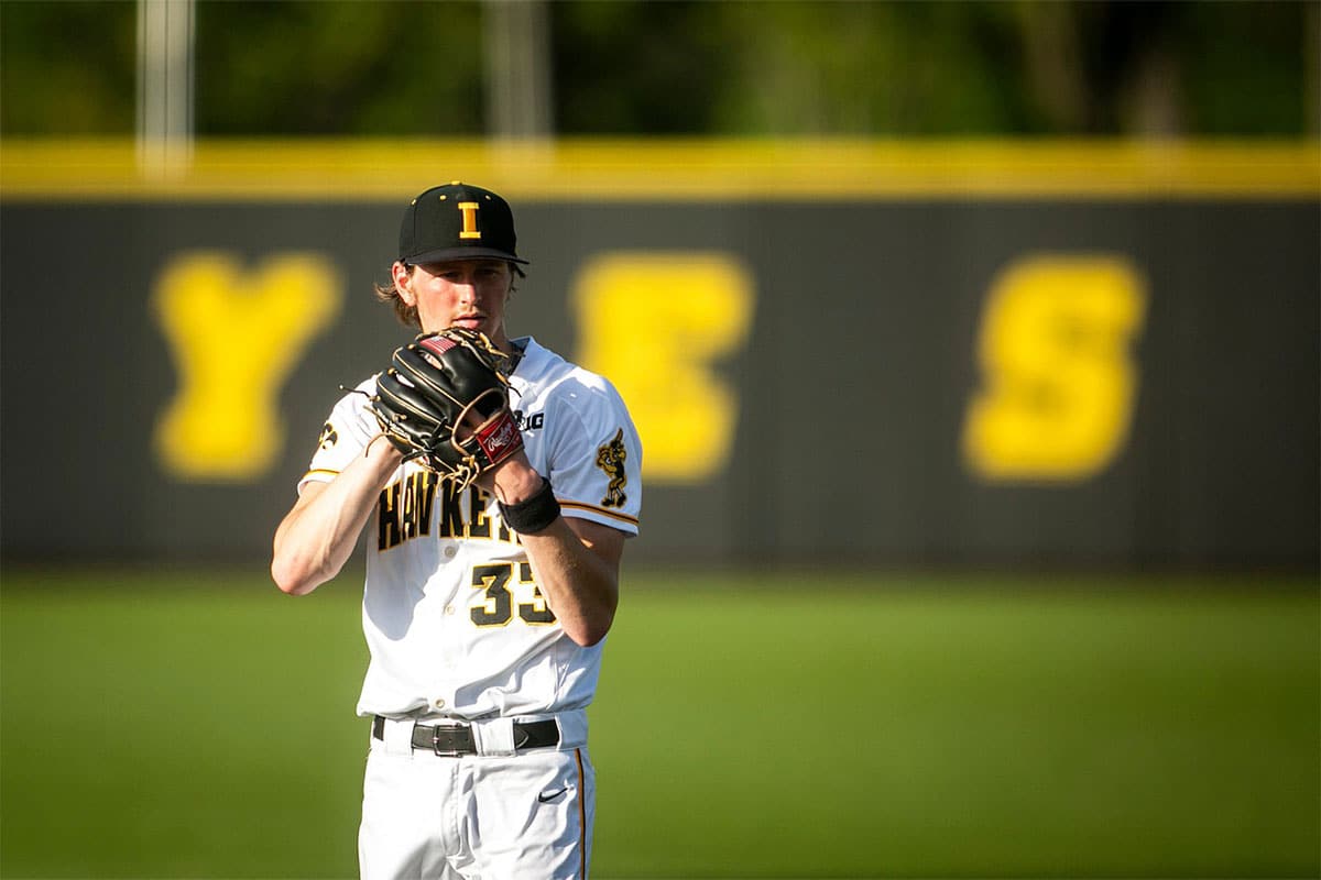 Iowa's Adam Mazur (33) looks for a signal during a NCAA Big Ten Conference baseball game against Indiana, Thursday, May 19, 2022, at Duane Banks Field in Iowa City, Iowa. 