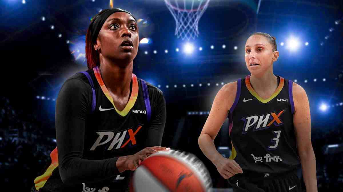 Phoenix Mercury stars Kahleah Copper and Diana Taurasi in front of Footprint Center.