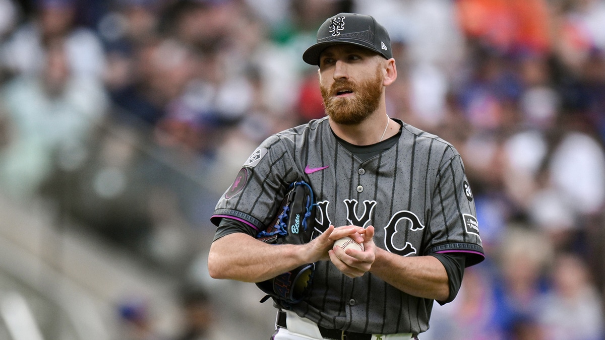New York Mets pitcher Reed Garrett (75) reacts during the eighth inning against the Houston Astros at Citi Field.