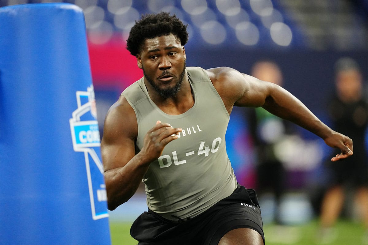 Colorado State defensive lineman Mohamed Kamara (DL40) works out during the 2024 NFL Combine at Lucas Oil Stadium.