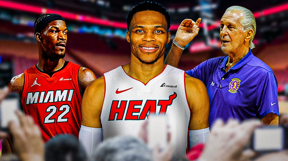 Russell Westbrook with Jimmy Butler and Pat Riley in the background
