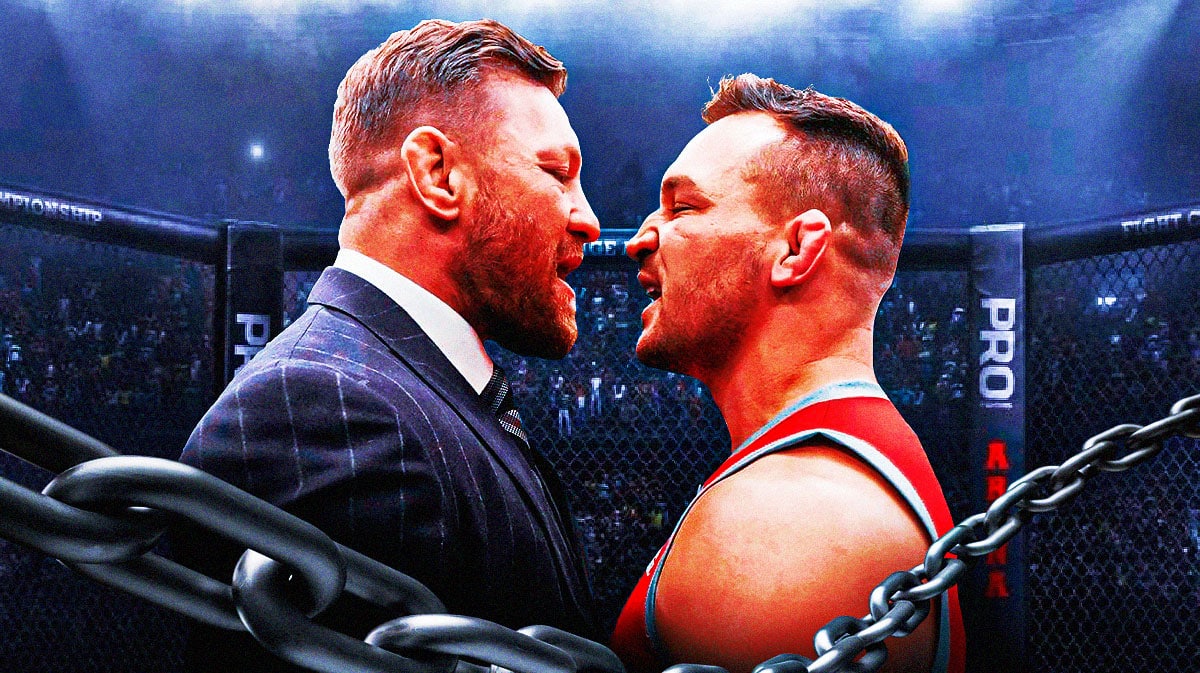 Michael Chandler facing off Conor McGregor in front of the UFC cage