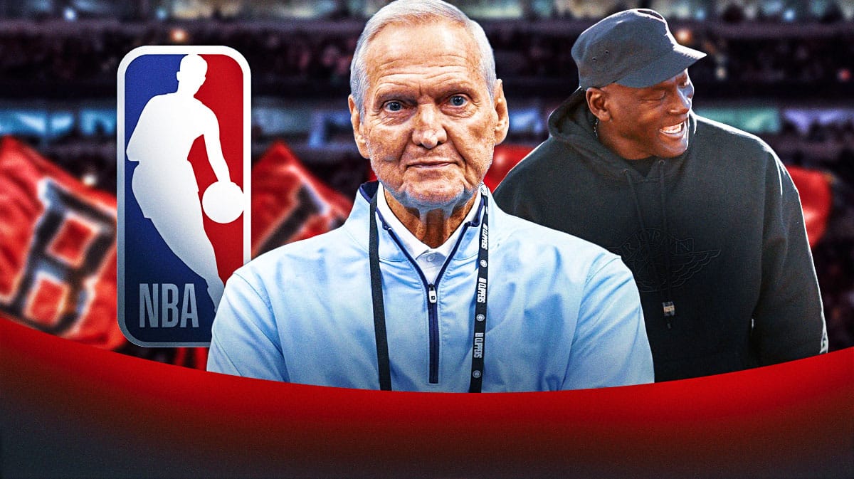 Former Lakers' legend Jerry West stands next to Bulls' Michael Jordan, Stephen A. Smith in background