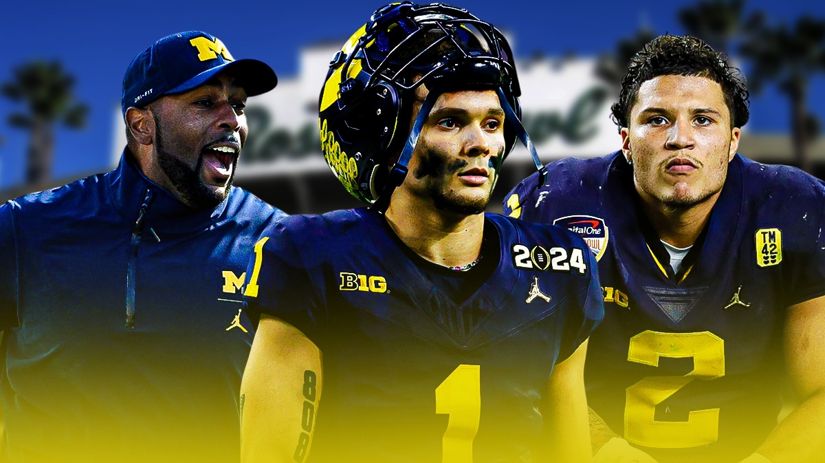 Sherrone Moore, Michigan football, Wolverines, Roman Wilson, Blake Corum, Sherrone Moore, Roman Wilson and Blake Corum (both players in Michigan unis) with Rose Bowl stadium in the background