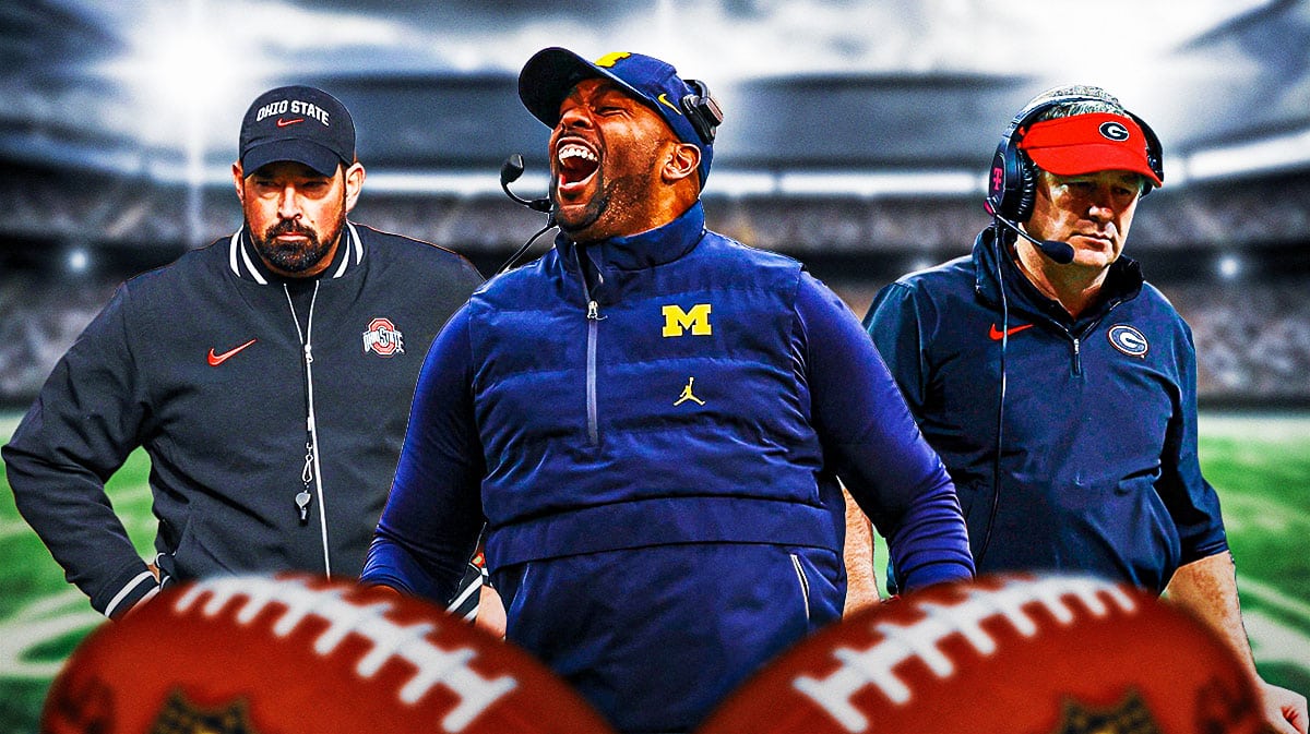 Michigan head coach Sherrone Moore celebrating in front of Ohio State's Ryan Day and Georgia's Kirby Smart