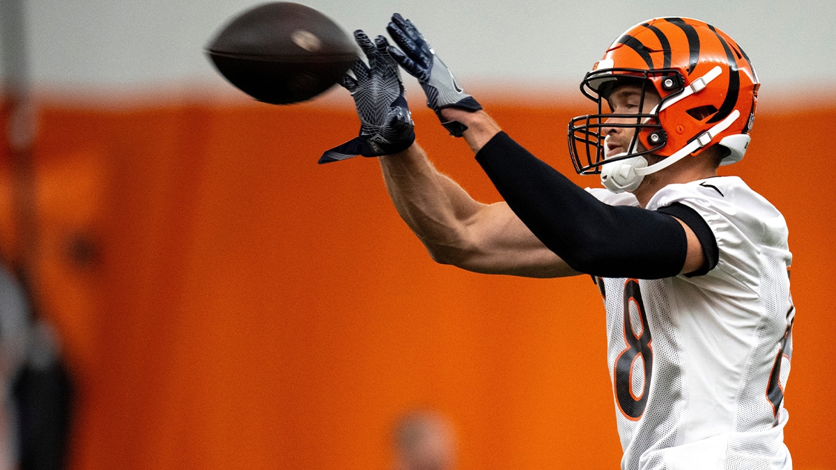 Cincinnati Bengals tight end Mike Gesicki (88) catches a pass at Bengals spring practice at the IEL Indoor Facility in Cincinnati on Tuesday, June 11, 2024.