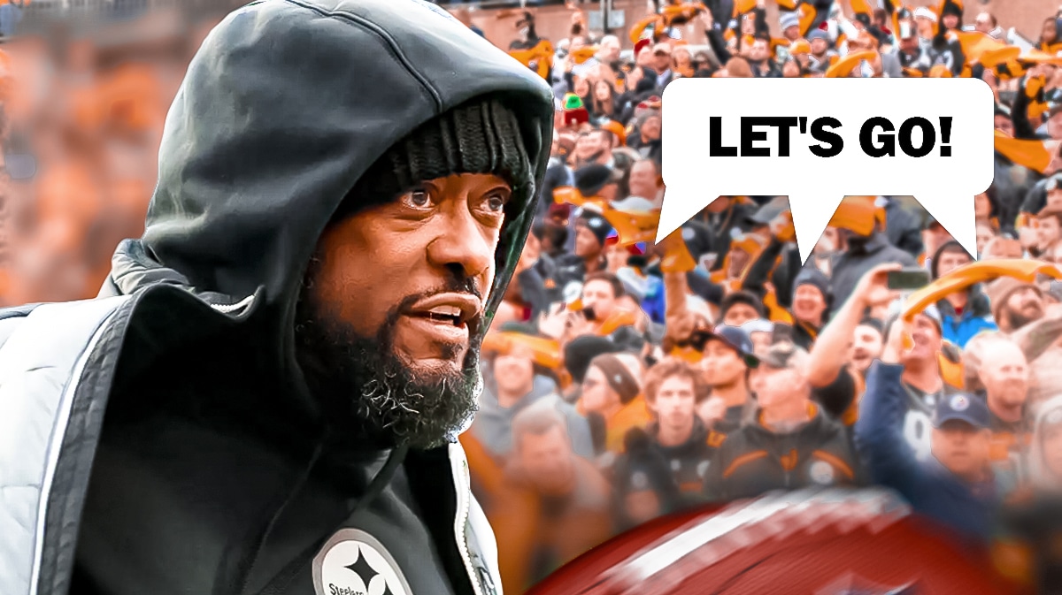 Mike Tomlin on one side, a bunch of Pittsburgh Steelers fans on the other side with a speech bubble that says "Let's go!"