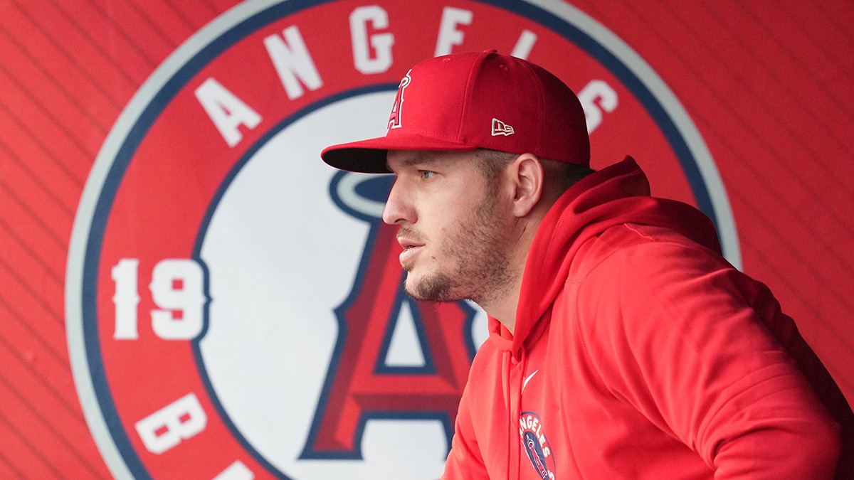 Los Angeles Angels center fielder Mike Trout watches from the dugout during the game against the San Diego Padres at Angel Stadium.