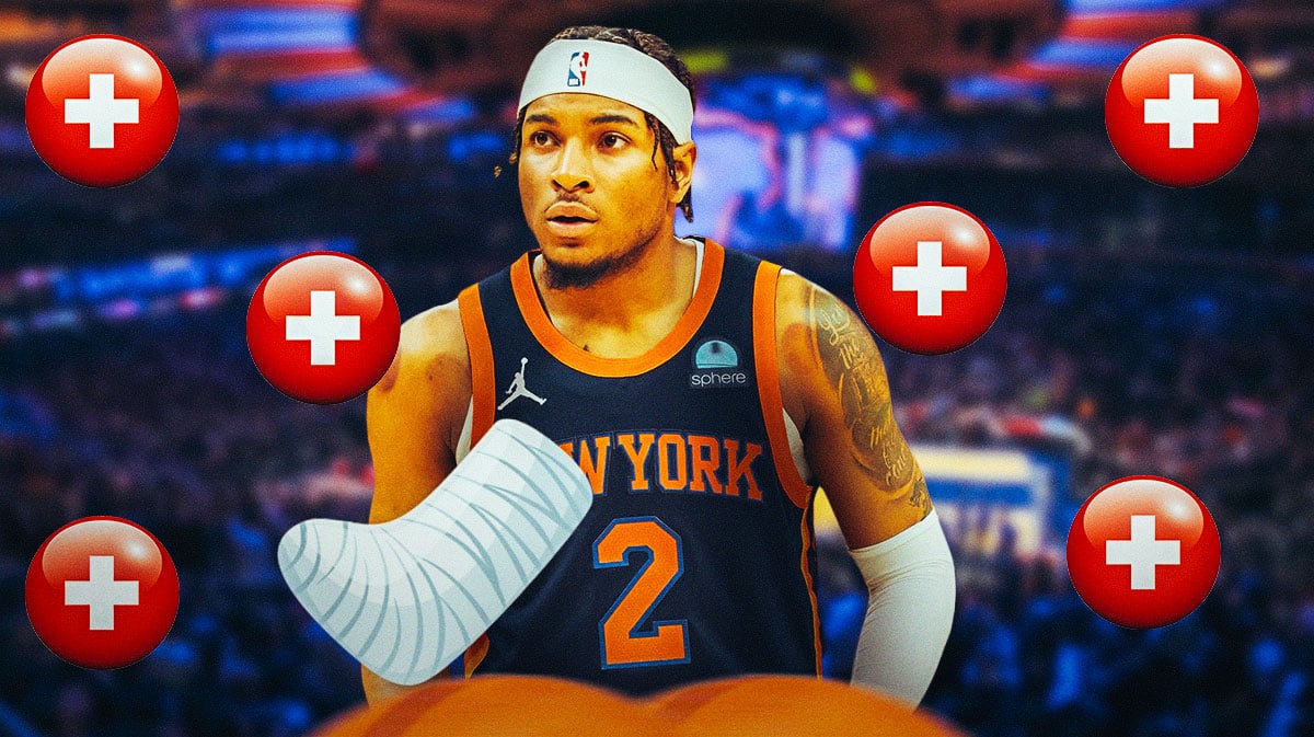 Knicks' Miles McBride with a cast on his foot and medical imagery around him (the medical cross, a thermometer, and/or medicine/pills, etc.)