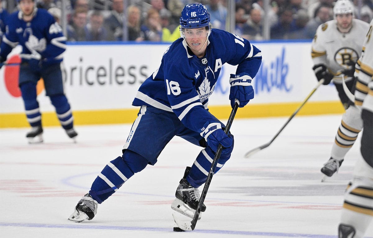 Toronto Maple Leafs forward Mitch Marner (16) skates with the puck against the Boston Bruins in the first period in game six of the first round of the 2024 Stanley Cup Playoffs at Scotiabank Arena.