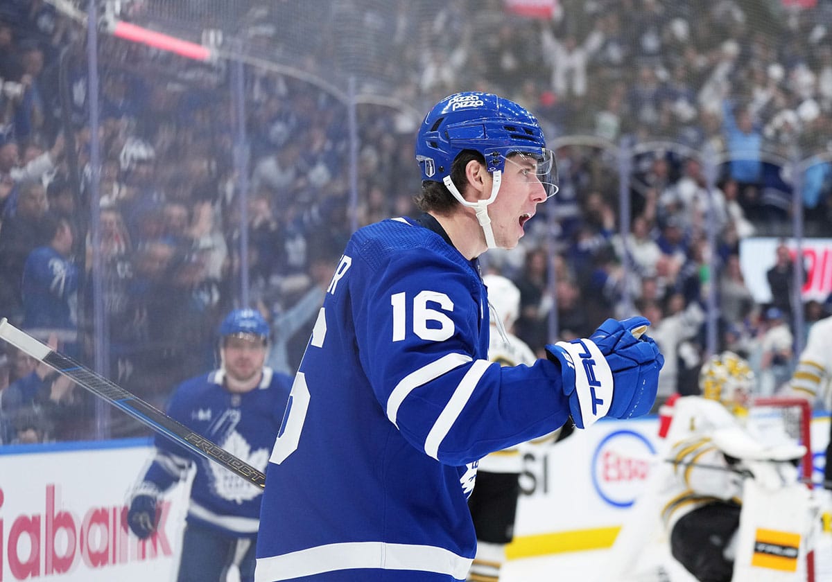 Toronto Maple Leafs right wing Mitch Marner (16) celebrates scoring a goal against the Boston Bruins during the third period in game four of the first round of the 2024 Stanley Cup Playoffs at Scotiabank Arena.