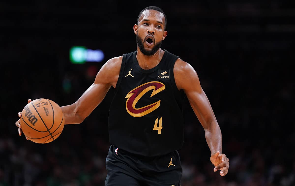 Cleveland Cavaliers forward Evan Mobley (4) returns the ball against the Boston Celtics in the first quarter during game two of the second round for the 2024 NBA playoffs at TD Garden.