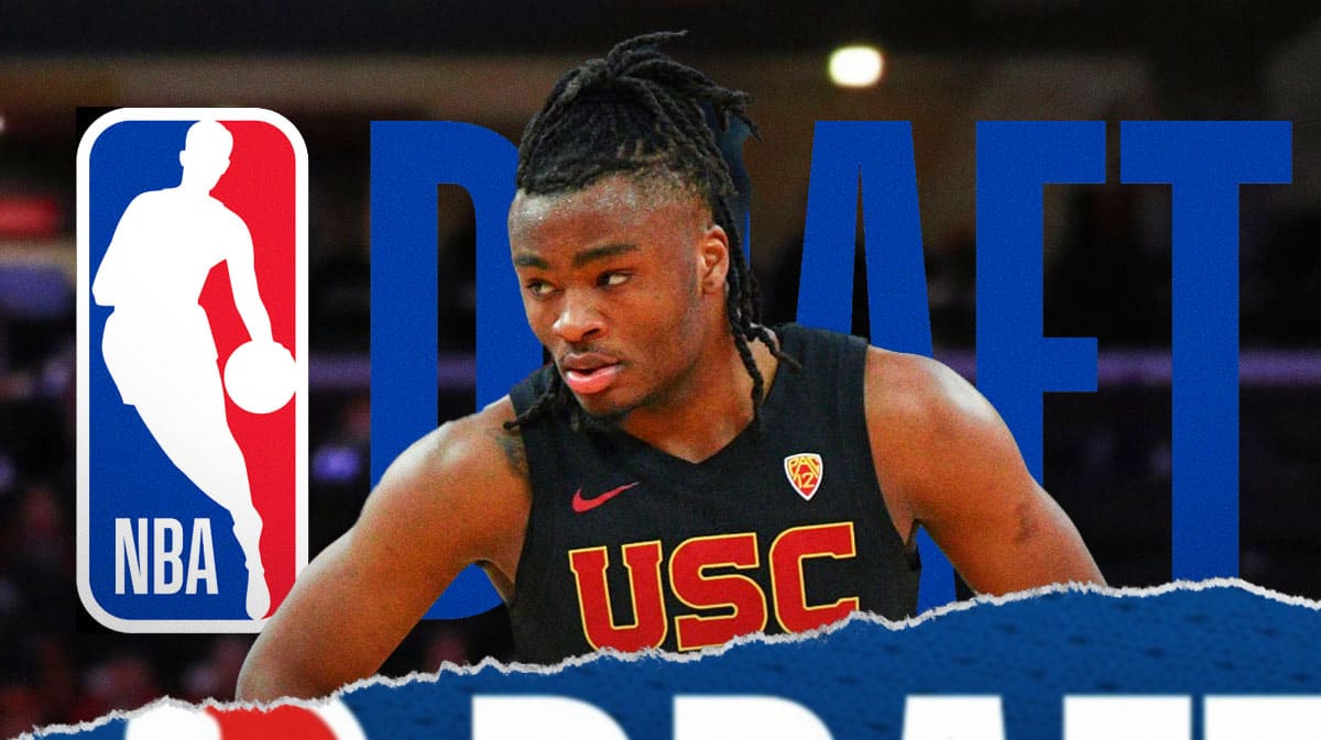 Isaiah Collier in front of the NBA Draft logo
