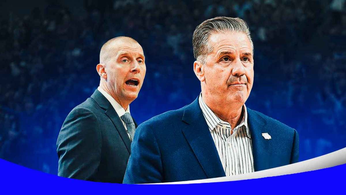 Kentucky basketball head coach Mark Pope and John Calipari in front of Rupp Arena.