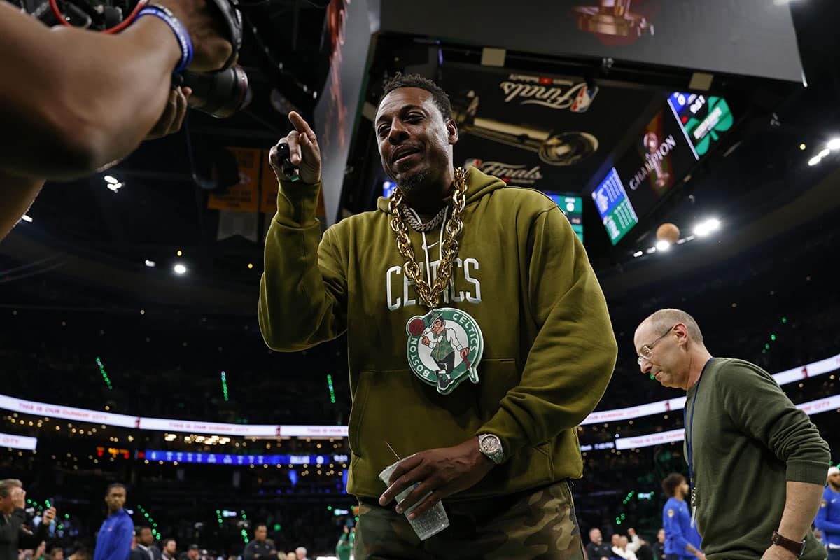  Boston Celtics former player Paul Pierce looks into a video camera on the court before game two of the 2024 NBA Finals between the Boston Celtics and the Dallas Mavericks at TD Garden.