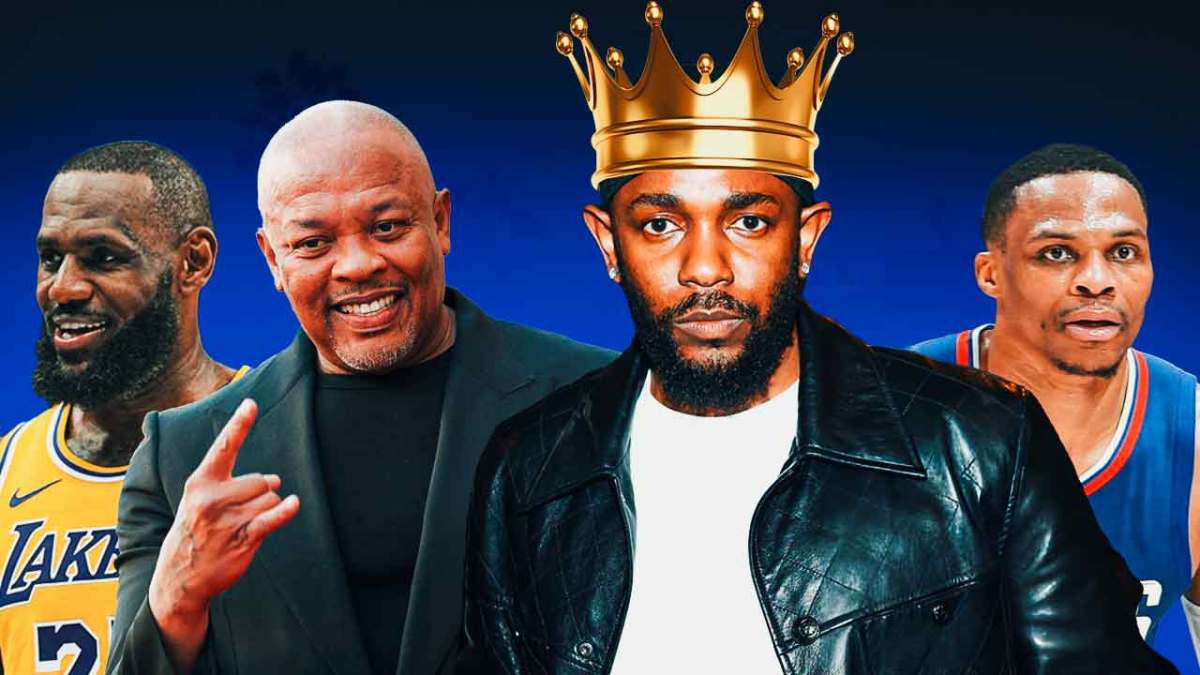 Kendrick Lamar with NBA legends LeBron James, Russell Westbrook and James Harden