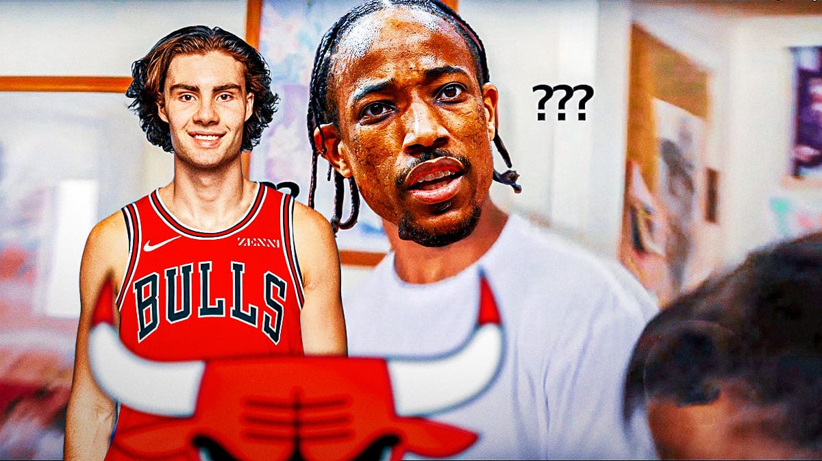 DeMar DeRozan looking confused, with Josh giddey in Bulls jersey