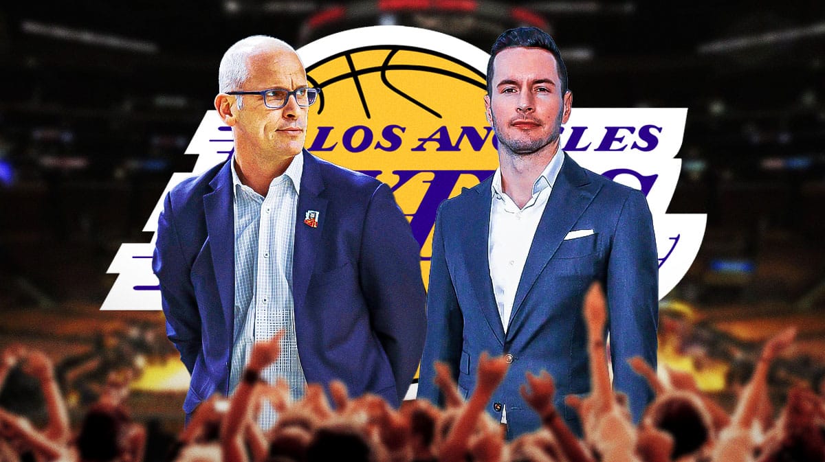 JJ Redick and Dan Hurley both wearing normal clothes with Lakers' logo in background.