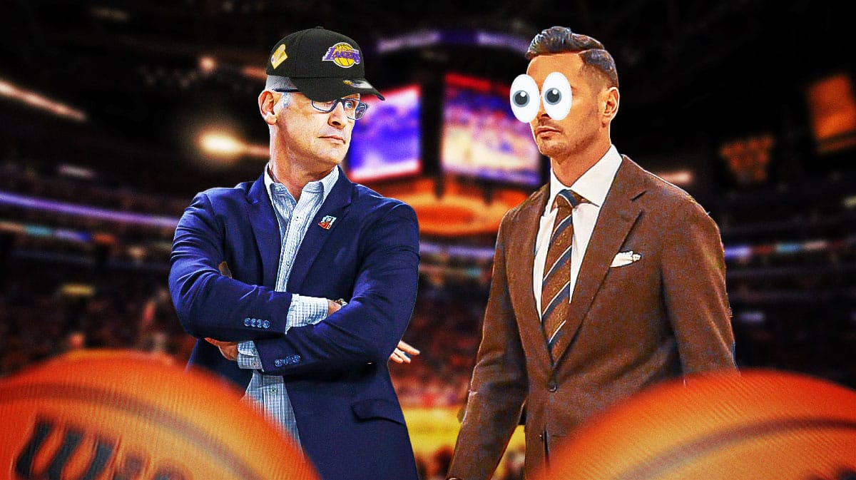 Dan Hurley wearing a Lakers hat on left. JJ Redick (normal clothes) on right with eyes popping out looking at Hurley.