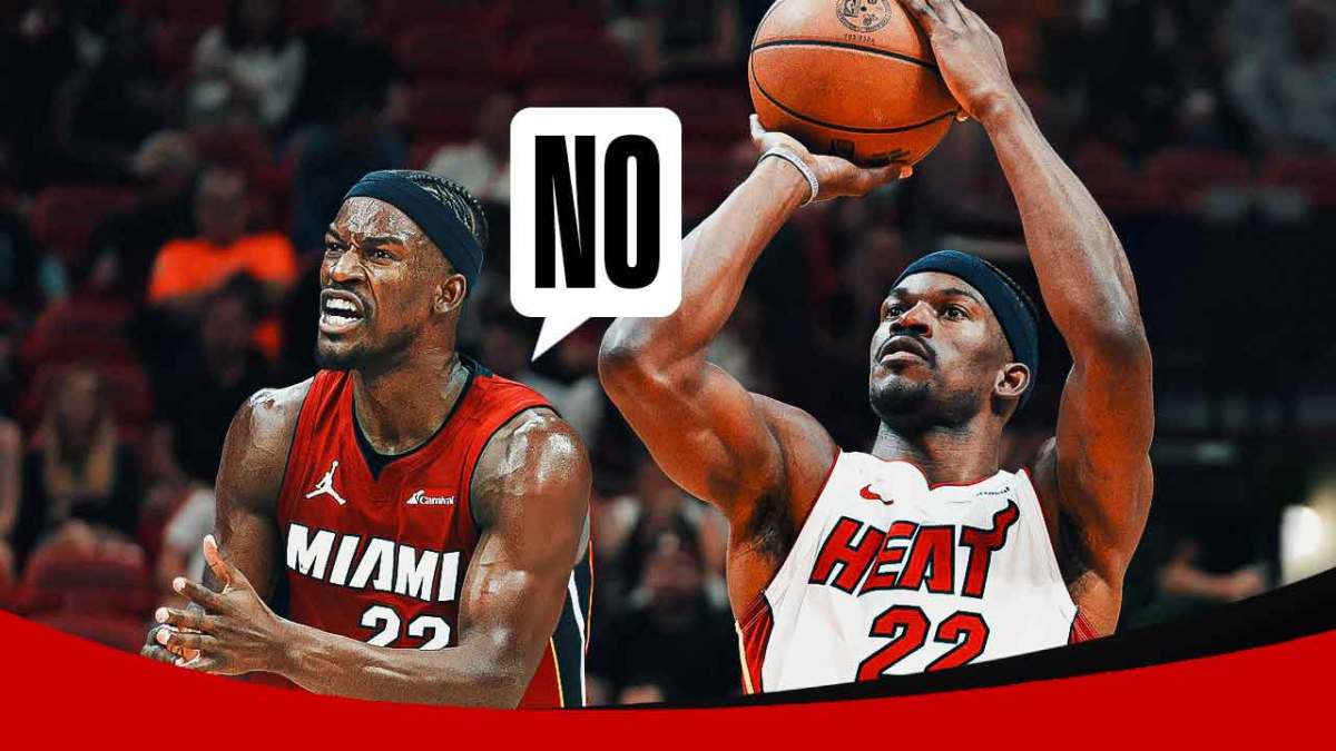 Heat Jimmy Butler saying the following: No In background, need Heat Jimmy Butler shooting a basketball.
