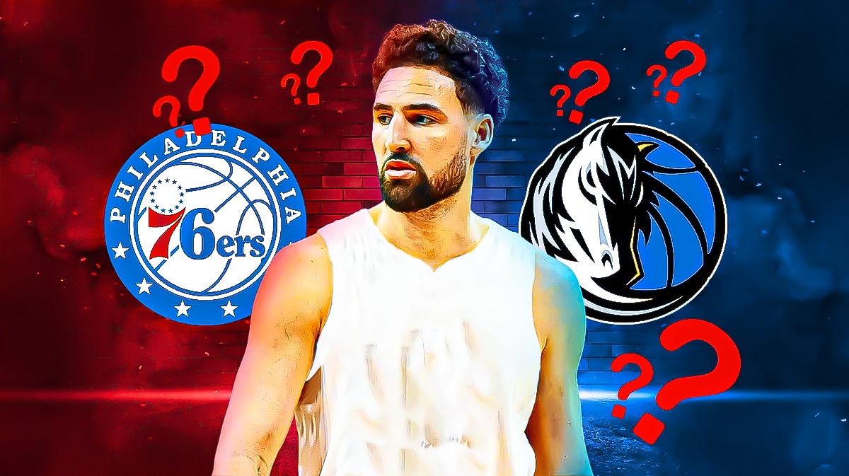 Klay Thompson, 76ers, Mavericks, Lakers logos. Question marks all around