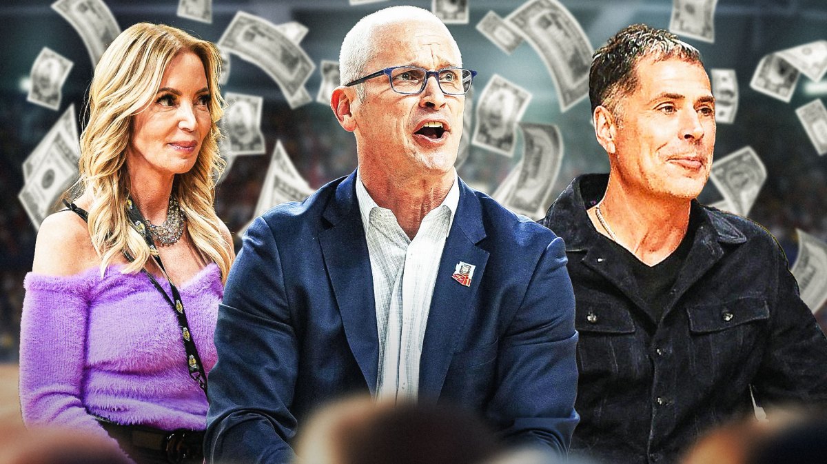 Photo: Dan Hurley coaching, Lakers' Rob Pelinka, Jeanie Buss beside him with peeping eyes, money flying around