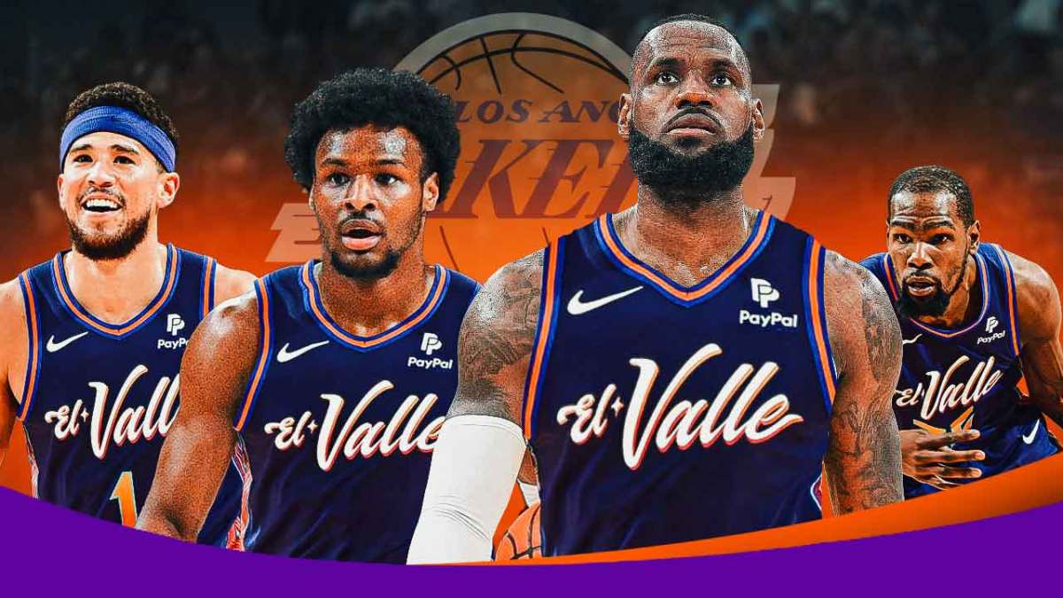 LeBron James, Bronny James, Kevin Durant, and Devin Booker in Suns uniforms, with the Lakers logo vanishing beside them