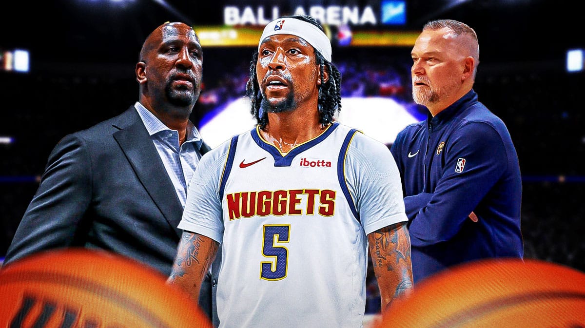 Denver Nuggets Kentavious Caldwell-Pope in the middle, general manager Calvin Booth and head coach Michael Malone