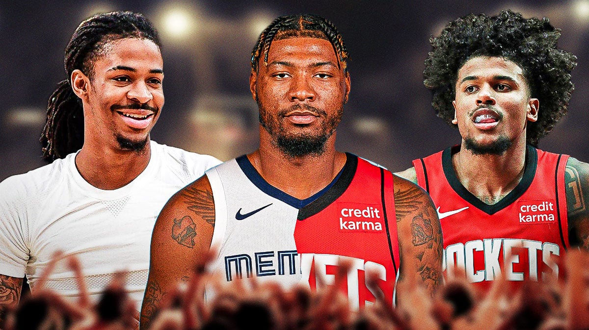 Marcus Smart in a half Rockets/Grizzlies uniform, with Jalen Green and Ja Morant beside him