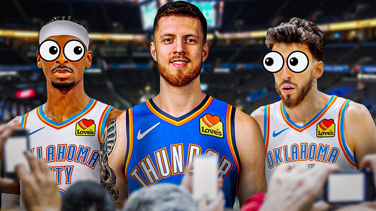 Isaiah Hartenstein in Thunder jersey in action, Shai Gilgeous-Alexander, Chet Holmgren behind him with peeping eyes