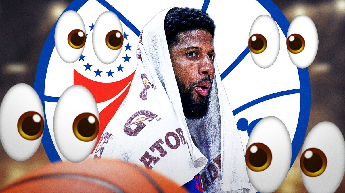 Paul George. 76ers logo, eyeballs all around.
