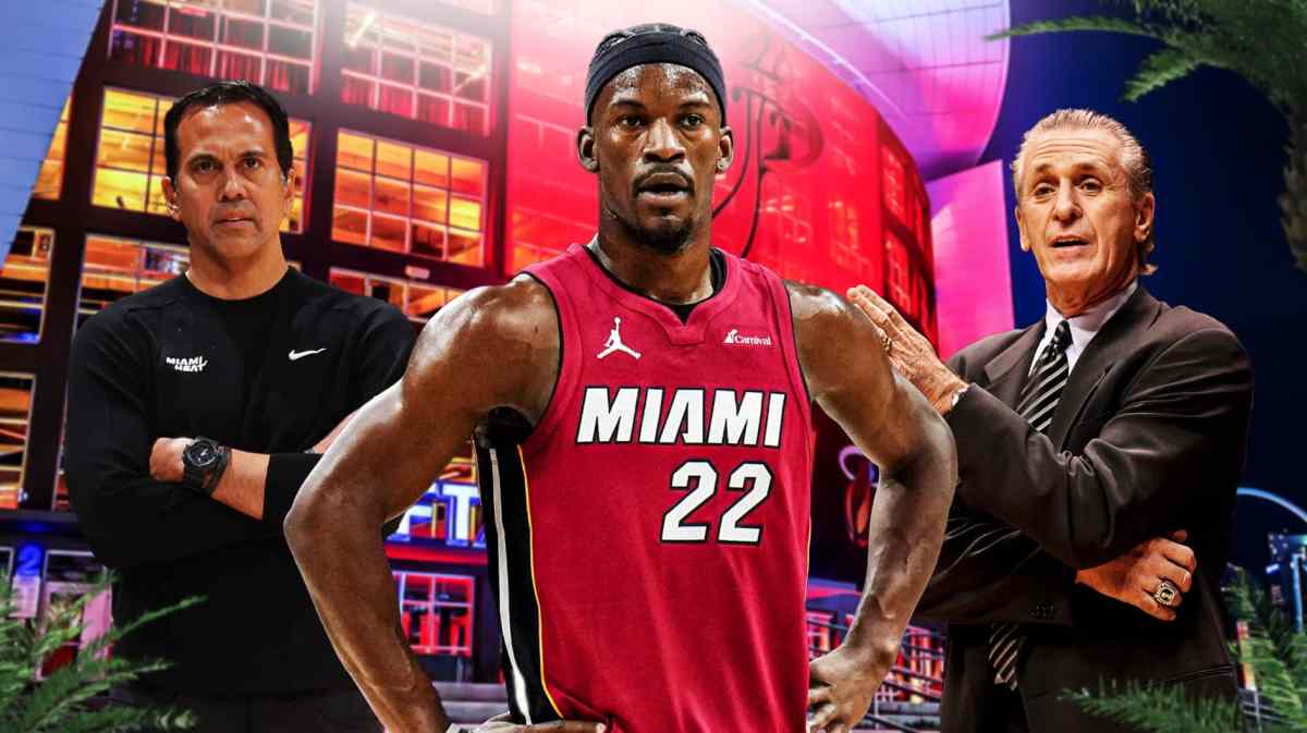 Miami Heat star Jimmy Butler, head coach Erik Spoelstra, and president Pat Riley in front of Kaseya Center.